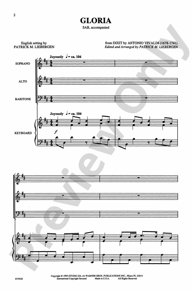 Gloria - Antonio Vivaldi – SAB Choral Octavo (Digital Download)