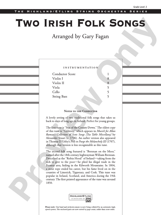 Two Irish Folk Songs – String Orchestra Conductor Score & Parts (Digital Download)
