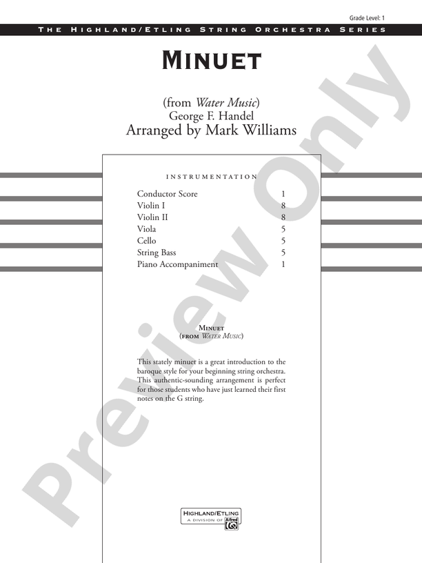 Minuet from Water Music – String Orchestra Conductor Score & Parts (Digital Download)