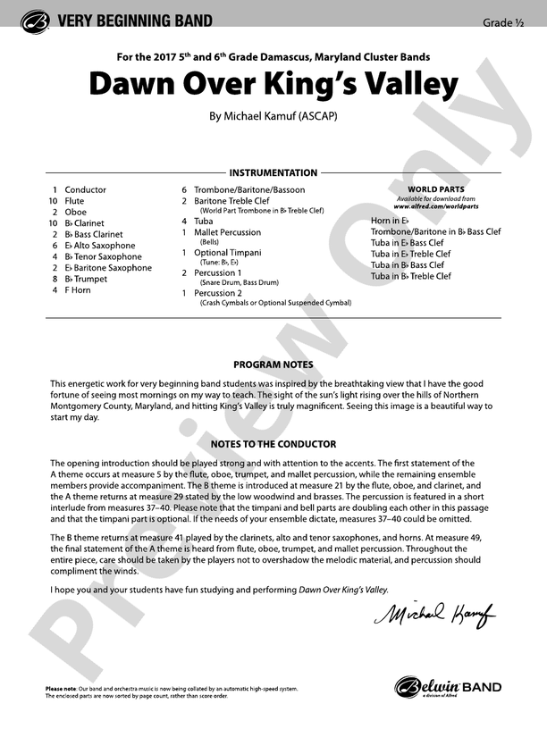 Dawn Over King's Valley - Concert Band Conductor Score & Parts (Digital Download)