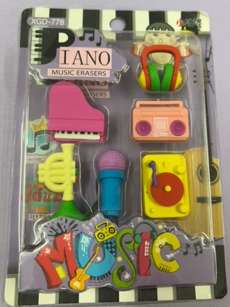 Box of Colourful Music Themed Erasers Purple Backing
