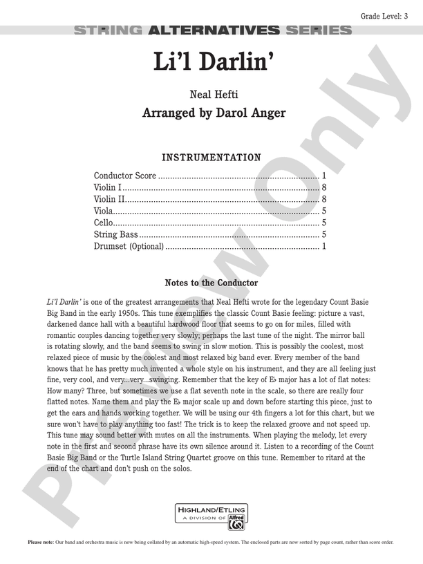 Li'l Darlin' - String Orchestra Conductor Score & Parts (Digital Download)