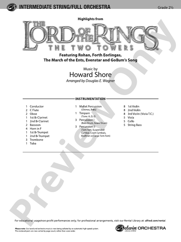 The Lord of the Rings: The Two Towers, Highlights from – Full Orchestra Conductor Score & Parts (Digital Download)