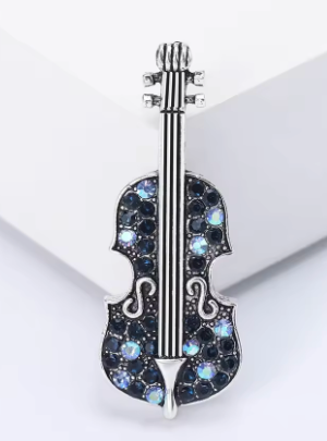 Brooch Silver Cello with Blue Diamontes