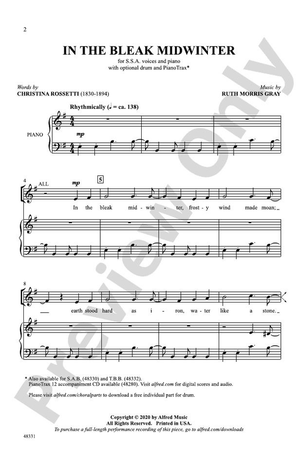 In the Bleak Midwinter - Arr. Ruth Morris Gray – SSA Choral Octavo (Digital Download)