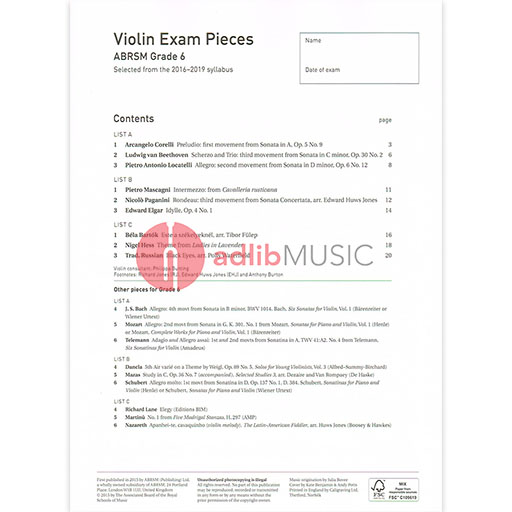 Violin Exam Pieces Grade 6, 2016-2019 - Score and Part - Various - Violin ABRSM