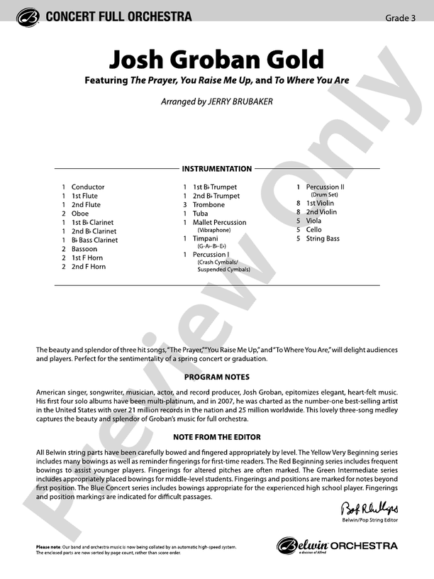 Josh Groban Gold - Full Orchestra Conductor Score & Parts (Digital Download)