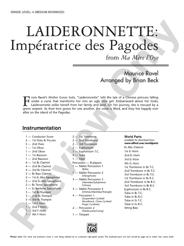 Laideronnette: Imperatrice des Pagodes (from Ma mere l'oye ) - Concert Band Conductor Score & Parts (Digital Download)