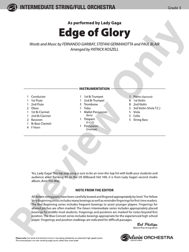 Edge of Glory - Full Orchestra Conductor Score & Parts (Digital Download)