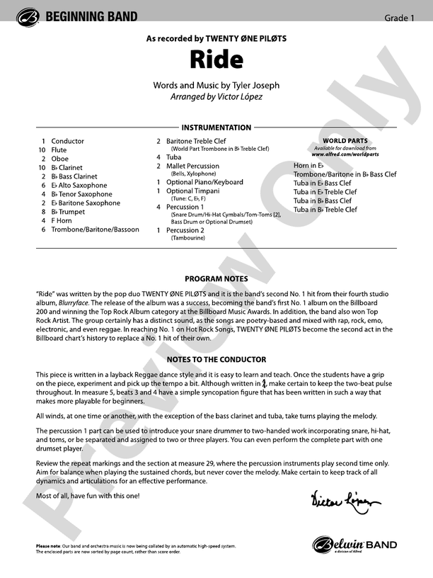 Ride - Concert Band Conductor Score & Parts (Digital Download)