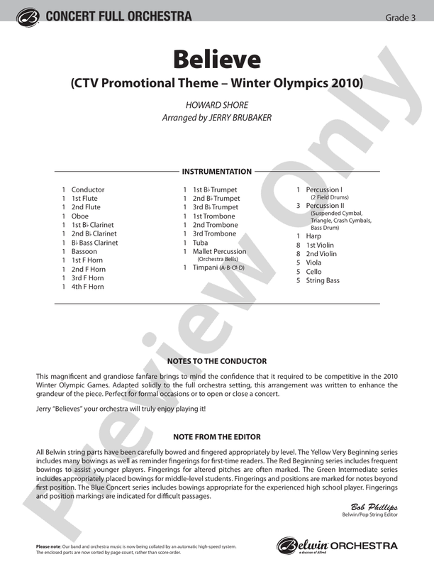 Believe (Winter Olympics 2010) – Full Orchestra Conductor Score & Parts (Digital Download)