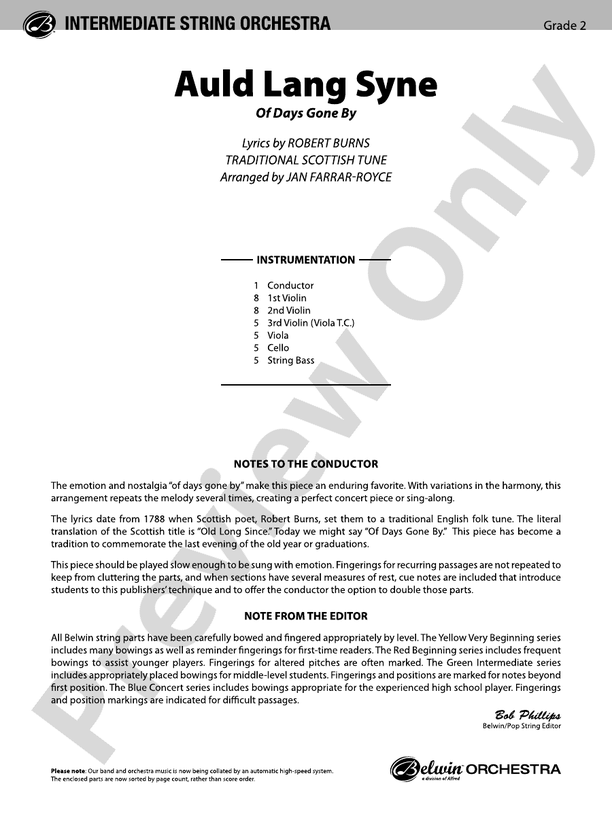 Auld Lang Syne (Grade 2) – String Orchestra Conductor Score & Parts (Digital Download)