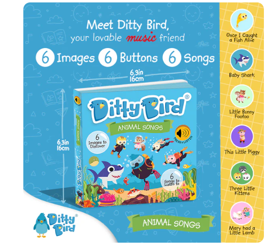Ditty Bird 'Animal Songs' Childrens Interactive Sound Book New Rechargable Edition