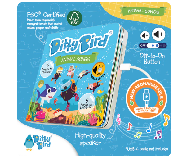 Ditty Bird 'Animal Songs' Childrens Interactive Sound Book New Rechargable Edition