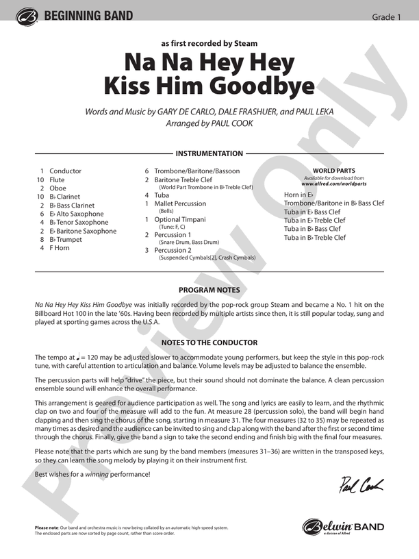 Na Na Hey Hey Kiss Him Goodbye - Concert Band Conductor Score & Parts (Digital Download)