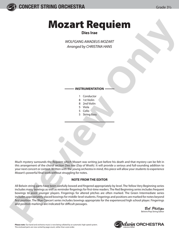 Mozart Requiem -- Dies Irae – String Orchestra Conductor Score & Parts (Digital Download)