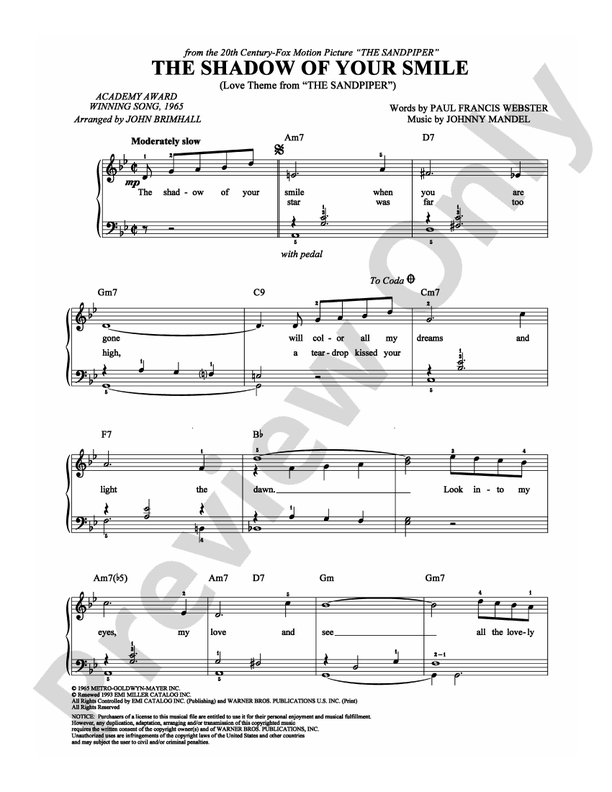 The Shadow of Your Smile - Arr. John Brimhall - Easy Piano (Digital Download)