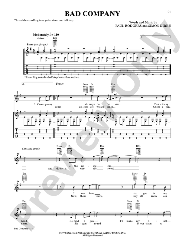 Bad Company - Easy Guitar (Digital Download)