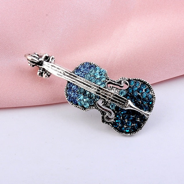 Brooch Violin Silver with Blue Diamontes