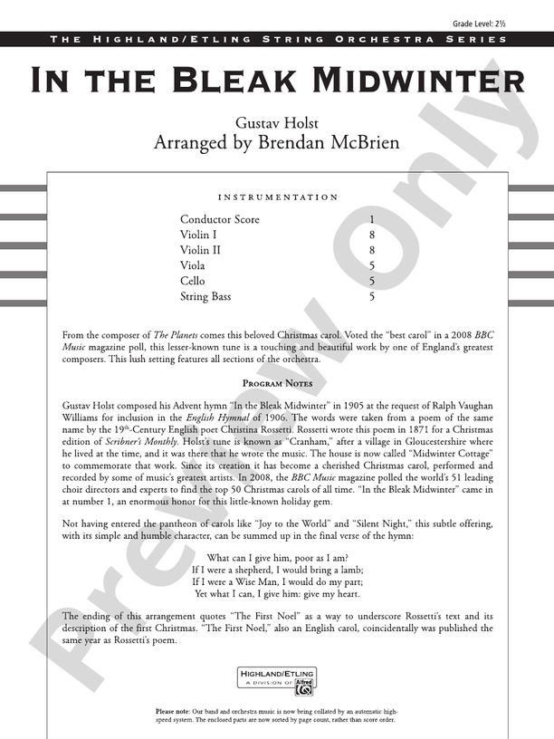 In the Bleak Midwinter – String Orchestra Conductor Score & Parts (Digital Download)