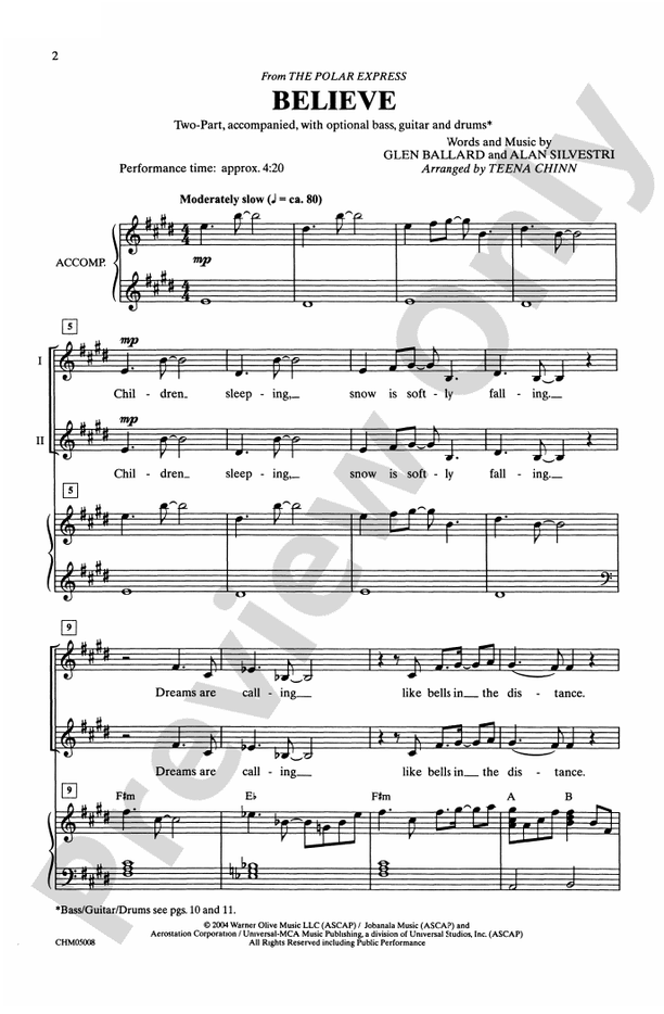 Believe (from The Polar Express) - Arr. Teena Chinn – 2-Part Choral Octavo (Digital Download)