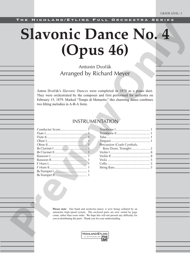 Slavonic Dance No. 4 (Op. 46) – Full Orchestra Conductor Score & Parts (Digital Download)