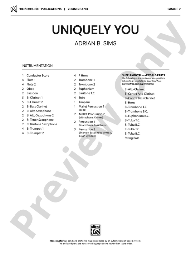 Uniquely You – Concert Band Conductor Score & Parts (Digital Download)