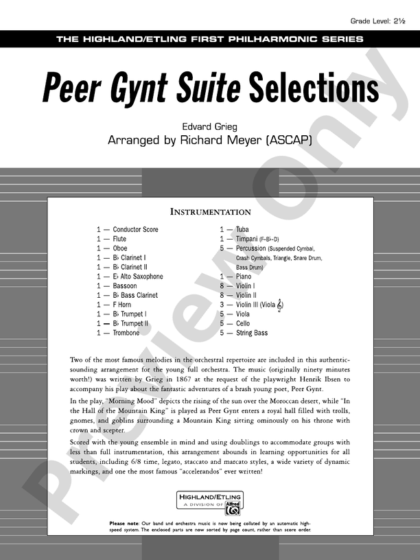 Peer Gynt Suite Selections – Full Orchestra Conductor Score & Parts (Digital Download)