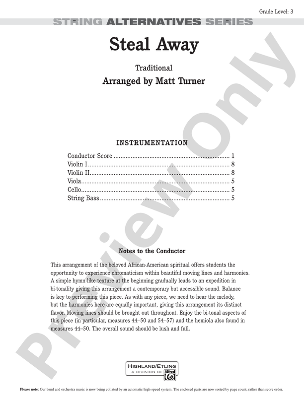 Steal Away – String Orchestra Conductor Score & Parts (Digital Download)