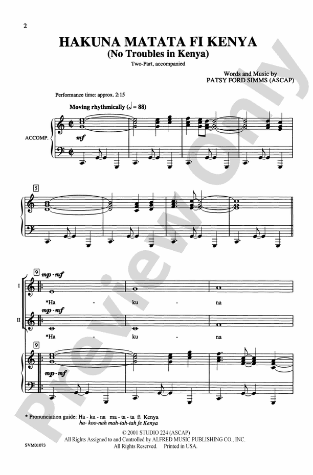 Hakuna Matata Fi Kenya (No Troubles in Kenya) – 2-Part Choral Octavo (Digital Download)