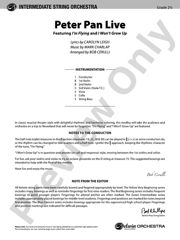 Peter Pan Live – String Orchestra Conductor Score & Parts (Digital Download)