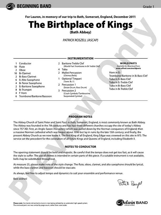 The Birthplace of Kings - Concert Band Conductor Score & Parts (Digital Download)