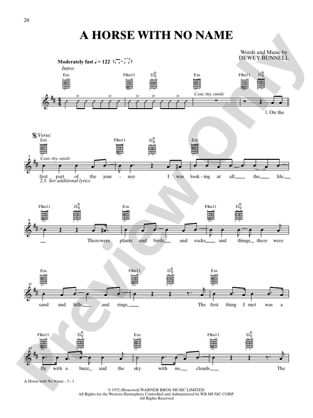 A Horse With No Name - Interm./Easy Guitar TAB (Digital Download)