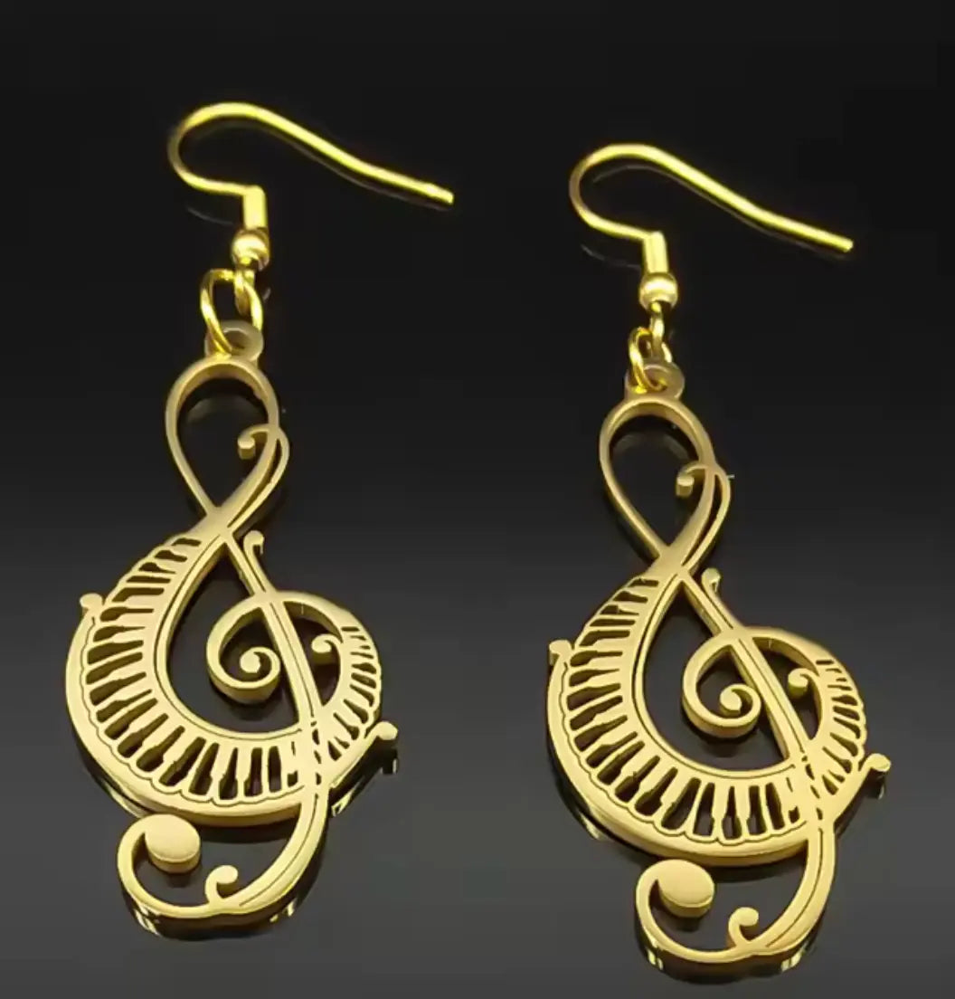 Gold Treble Clef Earrings with a Keyboard Border Stainless Steel