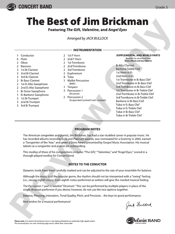 The Best of Jim Brickman - Concert Band Conductor Score & Parts (Digital Download)