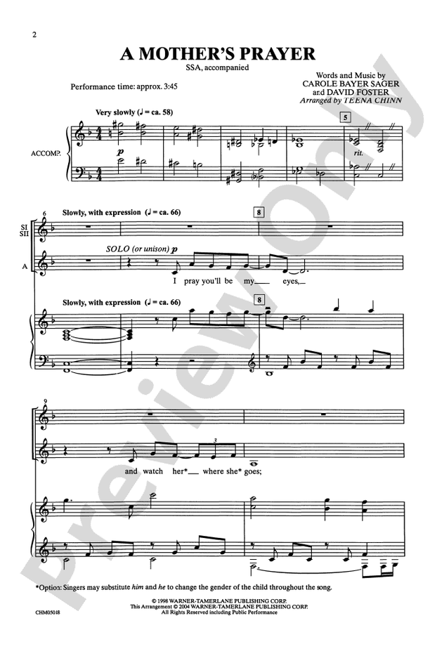 A Mother's Prayer - SSA Choral Octavo (Digital Download)