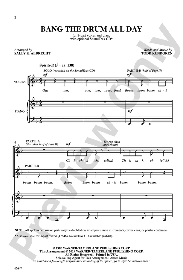 Bang the Drum All Day – 2-Part Choral Octavo (Digital Download)