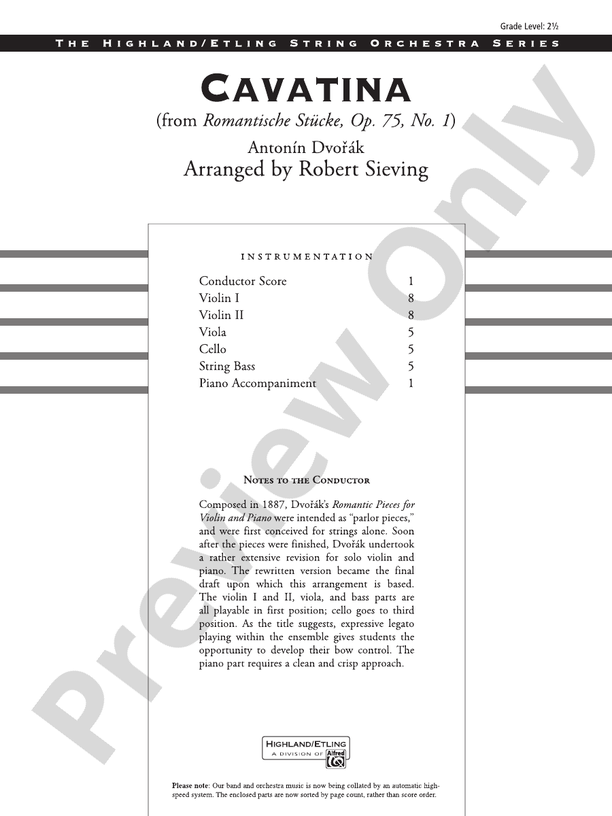 Cavatina – String Orchestra Conductor Score & Parts (Digital Download)