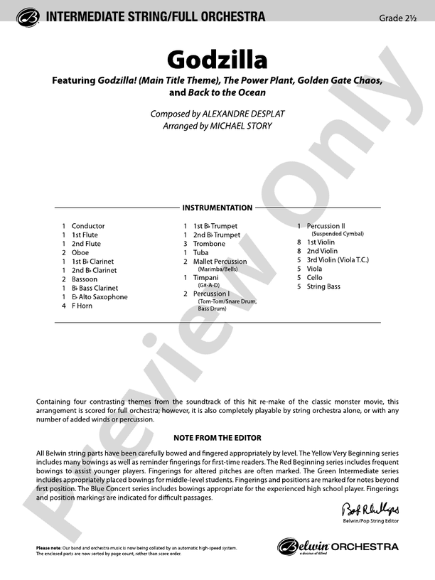 Godzilla – Full Orchestra Conductor Score & Parts (Digital Download)