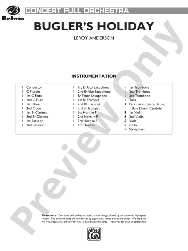 Bugler's Holiday – Full Orchestra Conductor Score & Parts (Digital Download)
