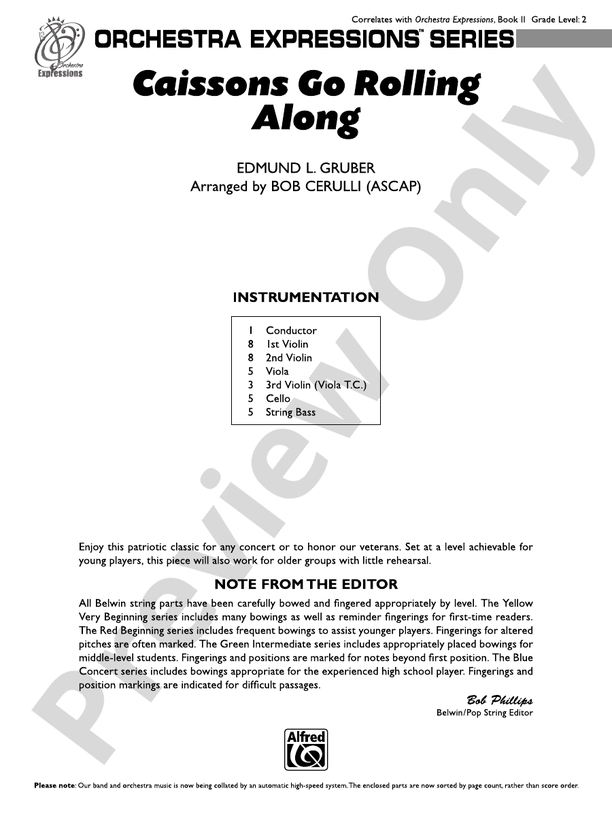 Caissons Go Rolling Along – String Orchestra Conductor Score & Parts (Digital Download)