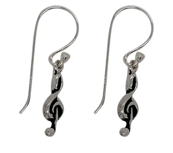 Treble Clef Drop Earrings Sterling Silver Small