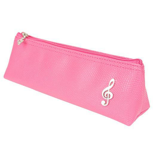 Music Pencil Case Pink with Silver Metal Treble Clef Toblerone Shape 20cm x 6cm