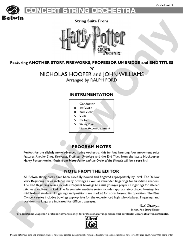Harry Potter and the Order of the Phoenix, String Suite from – String Orchestra Conductor Score & Parts (Digital Download)