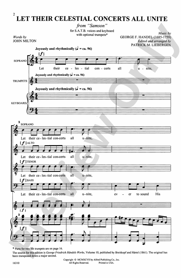 Let Their Celestial Concerts All Unite (from Samson) – SATB Choral Octavo (Digital Download)