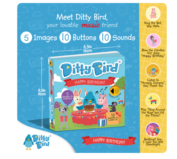 Ditty Bird 'Happy Birthday' Childrens Interactive Sound Book New Rechargeable Edition