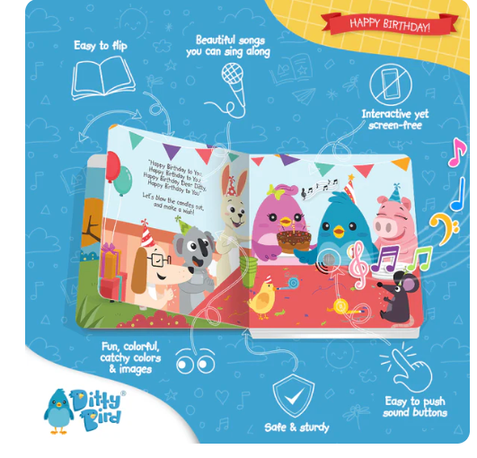 Ditty Bird 'Happy Birthday' Childrens Interactive Sound Book New Rechargeable Edition
