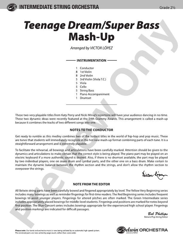 Teenage Dream / Super Bass Mash-Up - String Orchestra Conductor Score & Parts (Digital Download)