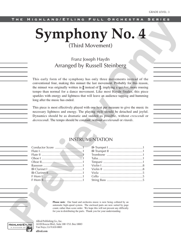 Symphony No. 4, 3rd Movement (Grade 3) – Full Orchestra Conductor Score & Parts (Digital Download)