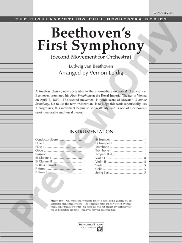 Beethoven's First Symphony, Second Movement – Full Orchestra Conductor Score & Parts (Digital Download)